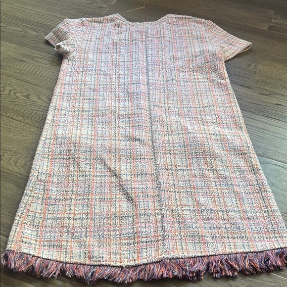 Zara |White Multicolor Pastel Tweed Fringe Frayed Hem Pearl Button Shift Dress S - Picture 14 of 15